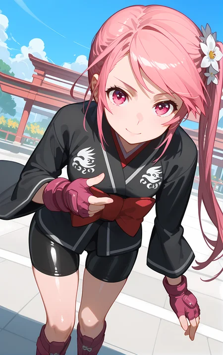 (score_9, score_8_up, score_7_up), standing, leaning forward, looking at viewer, light smile, closed mouth, shiny skin, tight clothes,
ohwx, 1girl, solo, side_ponytail, pink_hair, pink_eyes, bow, long_hair, hair_flower, flower,
japanese_clothes, fingerless_gloves, gloves, kimono, black_kimono, bike_shorts, boots,
airfield,
cowboy shot, dutch angle, close-up,
<lora:benitsubasa_pony_ss:1>