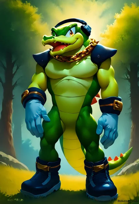 score_9, score_8_up, score_7_up, (best quality:1.1), (((ultra-detailed))), (((high resolution))), (((8k))), male, source_furry, male, solo, Vector the crocodile, headphones, gold chain necklace, white gloves, black boots,, green skin, scalie, crocodile, featureless crotch, looking at viewer, (standing, dynamic, dancing, pose), smiling mouth, open mouth,
BREAK
Outside, park, trees, grass, day, sun, clouds, detailed background, outdoor, by Akami Mirai