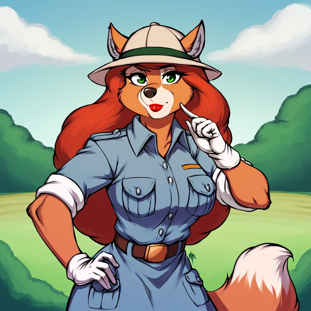 score_9, score_8_up, score_7_up, score_6_up, score_5_up, score_4_up, (Source talespin), (rating safe), <lora:katiedodd:0.8>, katie dodd, 1girl, solo, long hair, looking at viewer, skirt, shirt, gloves, hat, animal ears, closed mouth, standing, short sleeves, red hair, cowboy shot, outdoors, collared shirt, belt, white gloves, hand on hip, furry, grey skirt, sleeves rolled up, pocket, retro artstyle, breast pocket, animal nose, snout, furry female, fox girl, green eyes, body fur, brown fur, lipstick, red lips<lora:PDXL_artist_tags_v2_big:1>, by meesh, by avante92,