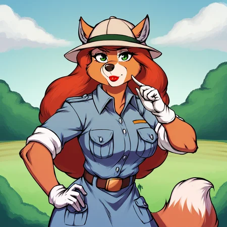 score_9, score_8_up, score_7_up, score_6_up, score_5_up, score_4_up, (Source talespin), (rating safe), <lora:katiedodd:0.8>, katie dodd, 1girl, solo, long hair, looking at viewer, skirt, shirt, gloves, hat, animal ears, closed mouth, standing, short sleeves, red hair, cowboy shot, outdoors, collared shirt, belt, white gloves, hand on hip, furry, grey skirt, sleeves rolled up, pocket, retro artstyle, breast pocket, animal nose, snout, furry female, fox girl, green eyes, body fur, brown fur, lipstick, red lips<lora:PDXL_artist_tags_v2_big:1>, by meesh, by avante92,