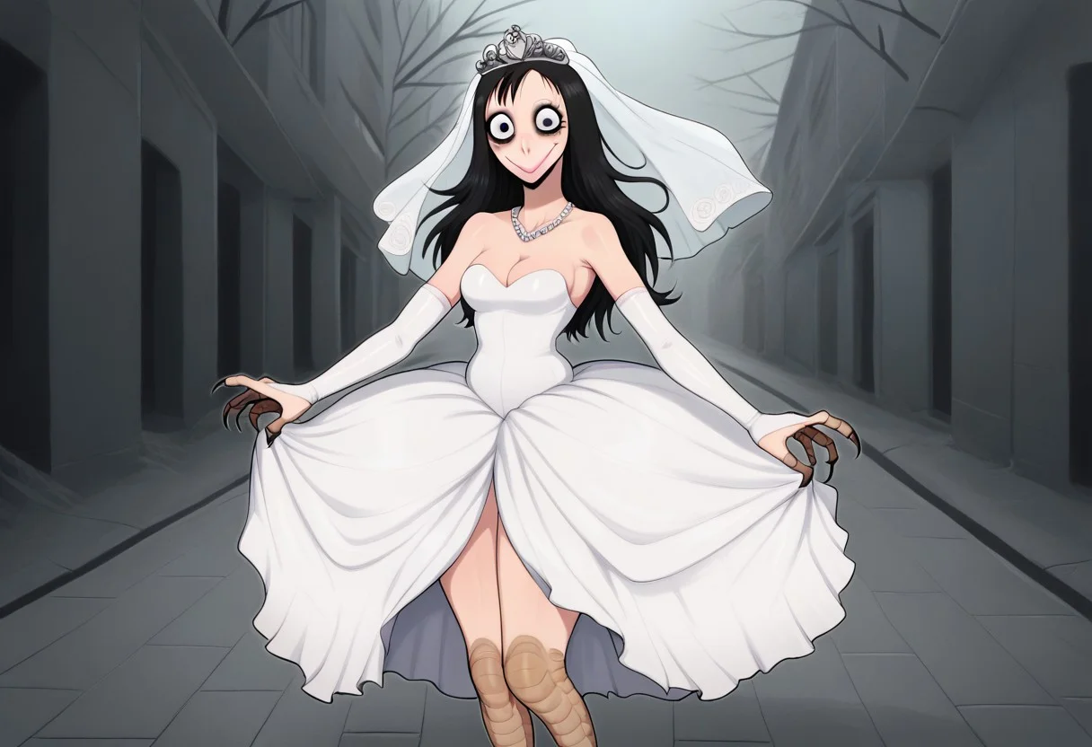 masterpiece, best quality, uncensored, source_anime BREAK score_9, score_8_up, score_7_up, score_6_up, score_5_up, score_4_up, 1girl, solo, momocreepypasta, monster girl, avian humanoid, long hair, black hair, black eyes, wide eyed, wide smile, scuted arms , scuted legs, scutes, claws, talons, Expressiveh, thin, CURVY GIRL, big lips, enormous lips, big eyelashes, enormous eyelashes, closed mouth, medium breasts, creepy, horror \(theme\), nightmare fuel, long eyelashes, full lips <lora:Expressive_H:0.6> <lora:add-detail-xl:0.5> <lora:MomoCreepypasta:0.8>,makeup, pink lips, lipstick, masterpiece,ultra detailed,wedding dress,1girl,solo, looking at viewer, blush,smile, jewelry hair ornament, necklace, collarbone, bare shoulders, bridal gauntlets, gloves, cleavage, elbow gloves, thighs, outdoors, standing, bridal veil, wedding dress, veil, white dress, bride, lace, body covered with dress,Three-quarter sleeve wedding dress,Sequined wedding dress,Princess ball gown with floral appliqus,floor length dress covering her legs