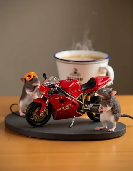 realistic photo of a Miniature Ducati 916 motorcycle, on the kitchen table next to a steaming mug of coffee, a cute mouse wearing motorcycle goggles is standing next to the motorcycle getting ready to ride, sharp focus, highly detailed, <lora:FLUX.1d_-_Miniatures:1>, flxmni, solo, <lora:Ducati 916:1>