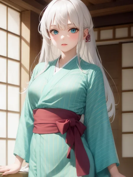 bath yukata, white hair, long hair, indoors, cowboy shot,