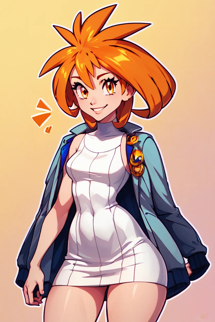 score_9, score_8_up, score_8, medium breasts, (curvy), cute, eyelashes,       BREAK, , zzBrigette,  short hair, orange hair, orange eyes, white sweater dress, turtleneck, blue jacket,   <lora:Brigette_Pokemon_PDXL:0.7>, , BREAK, smile, looking at viewer,  abstract background, white outline, cowboy shot, embedding:zPDXL, Expressiveh, <lora:CatalystStylePDXL:0.6>,  <lora:SDXLFaeTastic2400:0.5>,  <lora:Expressive_H-000001:0.4>,