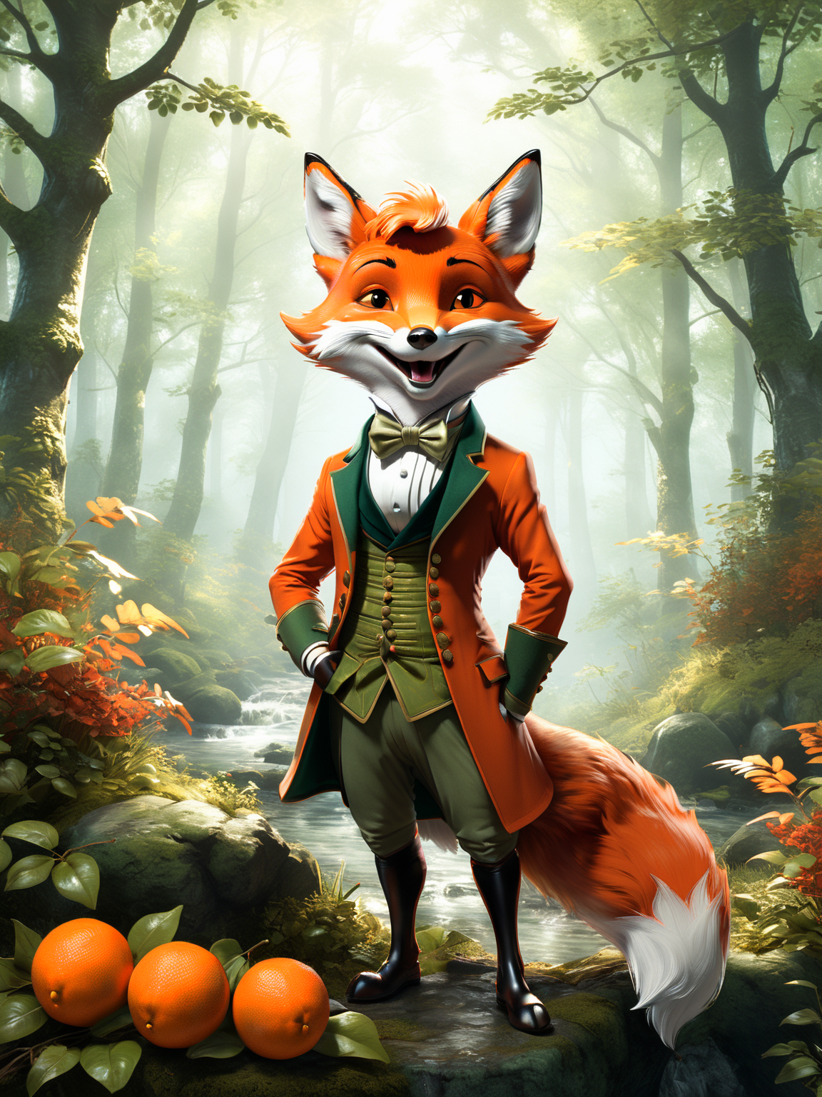 (art by Jean Ignace Isidore Grandville:1,3) of (A mischievous fox with a sly grin and a playful stance. Color palette: Fox oranges, cunning reds, and forest greens. Mood: Playful and cunning.:1.3),character focus, Natural Lighting, Volumetric Lighting, Volumetric Light, Volumetric, absurdres, high resolution, (8k resolution), 8k, 8kres, 8k res, super resolution, ultra hd, megapixel, Establishing Shot, Deep Focus, Hip Level Shot, Quarter Turn Camera Staging, From Front, From Side, <lora:xl_more_art-full-beta2:1>