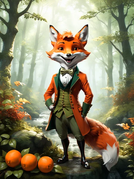 (art by Jean Ignace Isidore Grandville:1,3) of (A mischievous fox with a sly grin and a playful stance. Color palette: Fox oranges, cunning reds, and forest greens. Mood: Playful and cunning.:1.3),character focus, Natural Lighting, Volumetric Lighting, Volumetric Light, Volumetric, absurdres, high resolution, (8k resolution), 8k, 8kres, 8k res, super resolution, ultra hd, megapixel, Establishing Shot, Deep Focus, Hip Level Shot, Quarter Turn Camera Staging, From Front, From Side, <lora:xl_more_art-full-beta2:1>