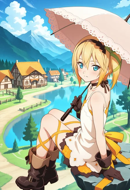 detailed eyes, beautiful, detailed background, perfect eyes,
source_anime, very aesthetic, anime coloring,
<lora:HandFineTuning_XL:1>
BREAK,
village, trees,
full body, flat chest,
open smile, blush,
BREAK,
<lora:edna_illustrious_v01:0.9>short hair, floating, from behind, blonde hair, multicolored hair, orange hair, blue eyes, hair between eyes, white dress, sleeveless dress, boots, leg ribbon, bow hairband, hair bow, hair ribbon, umbrella, from side, expressionless, ednabase, sitting, frown, side ponytail