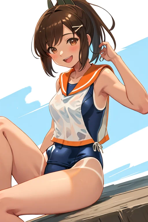 best quality, masterpiece, highres, solo, {i_401_kantaicollection:1.15}, brown_hair, ponytail, brown_eyes, short_hair, tan, swimsuit, school_swimsuit, blush, short_ponytail, hair_ornament, one-piece_swimsuit, smile, open_mouth, 1girl, hairclip, looking_at_viewer, orange_sailor_collar, sailor_collar, shirt, simple_background, sleeveless, sleeveless_shirt, swimsuit_under_clothes, white_background, blue_one-piece_swimsuit, bangs, white_shirt