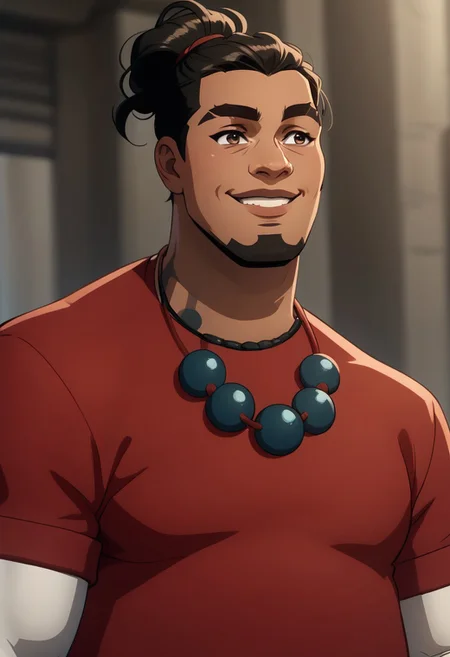 score 9, score 8, score 7, 1boy, solo, j0n4h, hairbun, red shirt, jewelry, necklace, white sleeves, upper body, smile,