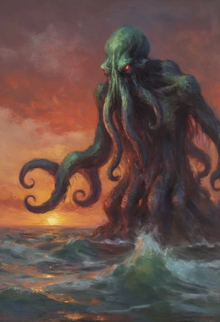 impressionist painting portrait of an evil horror Cthulhu rising from the ocean under a sunset menacing blood sky