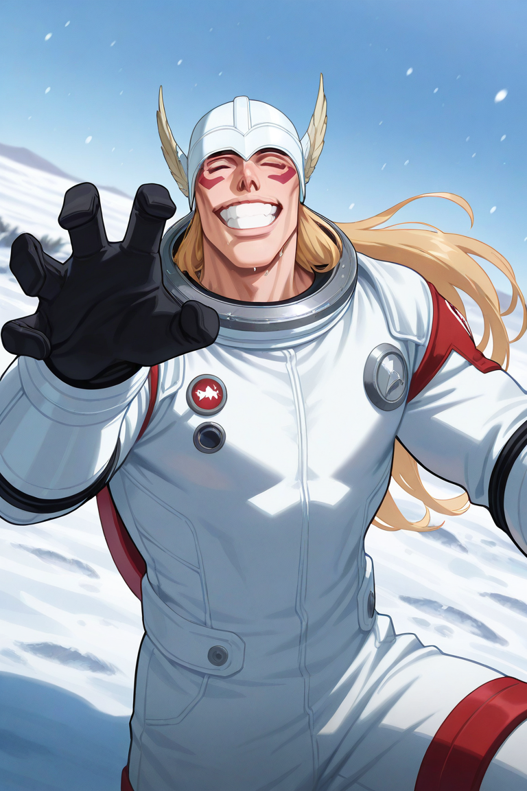 realistic shading, sidelighting, expressive cute happy face, male focus, gerardblch, blonde_gerardblch_long hair, white-yellow_gerardblch_winged helmet, black_gerardblch_vine-leaf circlet, red_gerardblch_facepaint, closed eyes, 1boy, looking at viewer, wide smile, grin, teeth, shiny skin, wet, claw pose, astronaut cosplay, space suit, cowboy shot, day outdoors snow, snowing, surreal, symbolic background, shadow, foreshortening, dutch angle, dynamic angle, dynamic action, atmospheric perspective, cinematic, intricately detailed illustration, depth of field, masterpiece, best quality, amazing quality, very aesthetic, absurdres, newest, anime screencap