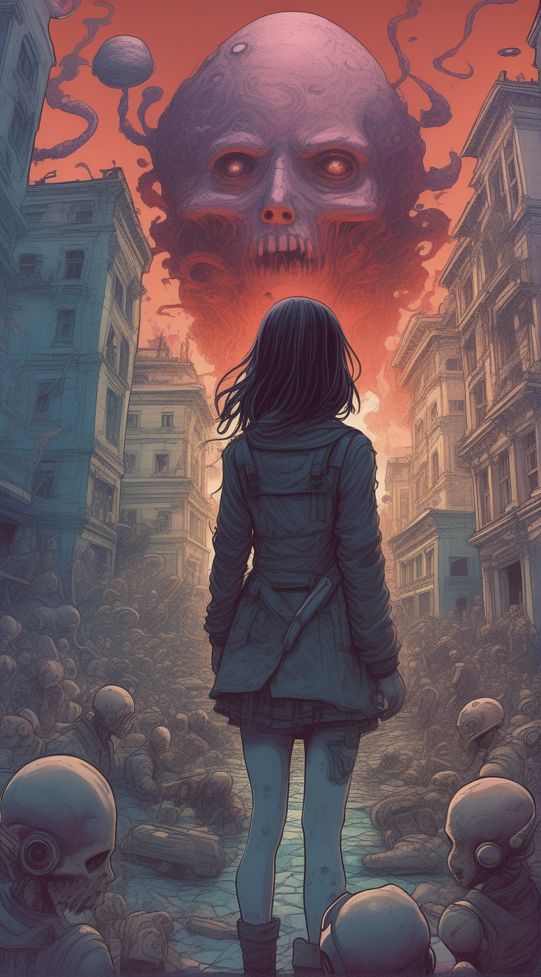 drawix4 cyborg girl, hell, destroyed buildings and a group of people in the background, a dark and mysterious world unfolds, enigmatic dreamscape surrealistic <lora:drawix4:1>