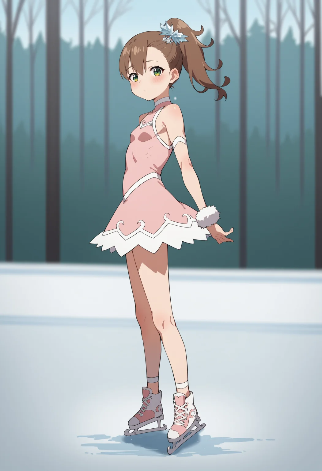 score_9, score_8_up, score_8, source_anime, 1girl, <lora:RinneInabav2:0.85> young girl, small breasts, flat chest, sidetail hair, brown hair, green eyes, blush, ice dress, ice skates, white hair ornament, view from front, looking at viewer, standing, side view,
winter forest background, blurry background,