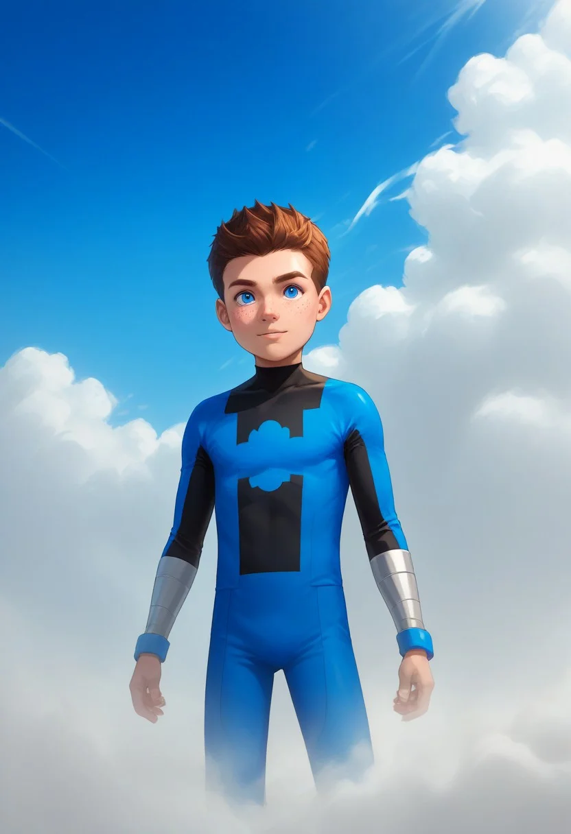 score_9, score_8_up, score_7_up, highly detailed, cute boy, 1boy, solo, young, Jack Power, Blue Eyes, Brown Hair, Freckles, Mass Master, Blue and Black Bodysuit, excessive fog, smoke, ((made of fog)), ((made of clouds)), cloud, sky, day, light rays,