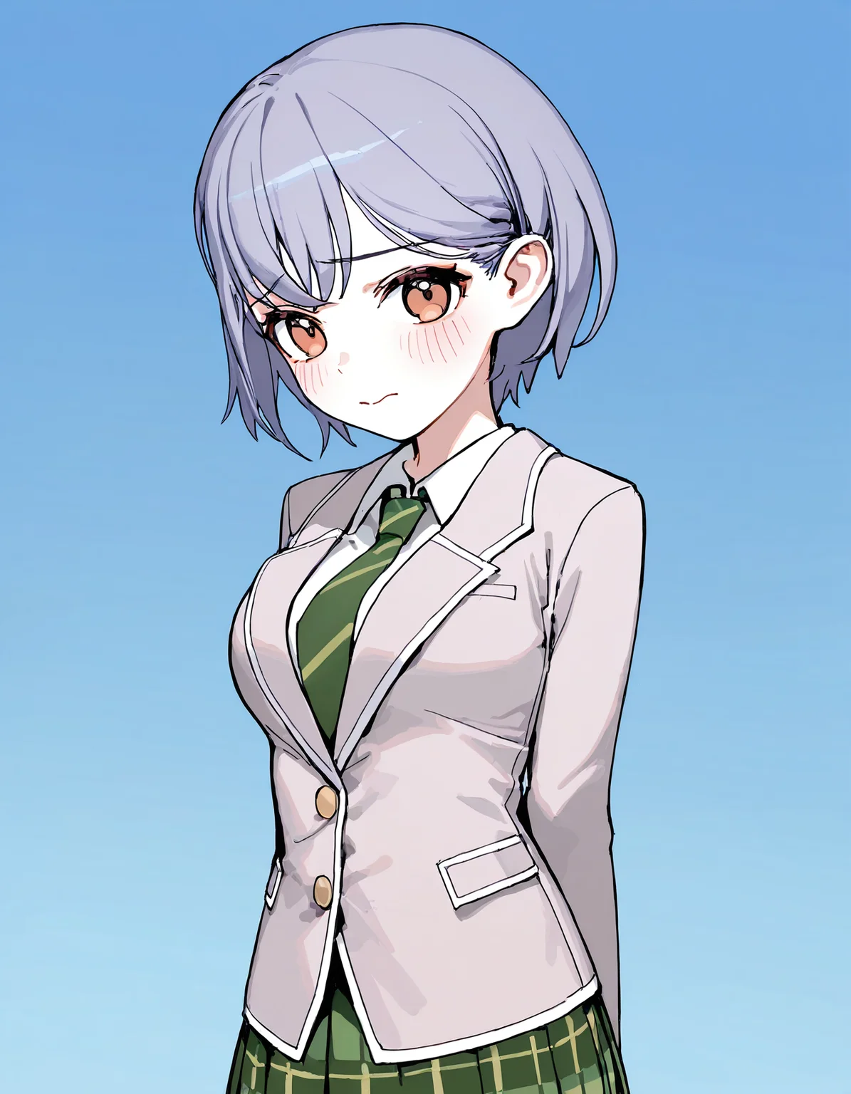 <lora:MyGo_IlluXL:1>, 1girl, solo, takamatsu tomori, brown eyes, grey hair, haneoka school uniform, green skirt, plaid skirt, pleated skirt, grey jacket, blazer, long sleeves, white shirt, green necktie, diagonal-striped necktie, looking at viewer, cowboy shot, gradient background, light blue background, arms at sides, arms behind back, shy, blush, 3:, medium breasts, (jyt:0.3),, best quality,masterpiece,highres,[[tianliang_duohe_fangdongye,ningen_mame,ciloranko]], (fkey:0.6), (sushineko8:0.3),