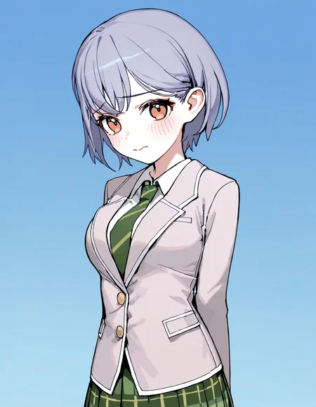 <lora:MyGo_IlluXL:1>, 1girl, solo, takamatsu tomori, brown eyes, grey hair, haneoka school uniform, green skirt, plaid skirt, pleated skirt, grey jacket, blazer, long sleeves, white shirt, green necktie, diagonal-striped necktie, looking at viewer, cowboy shot, gradient background, light blue background, arms at sides, arms behind back, shy, blush, 3:, medium breasts, (jyt:0.3),, best quality,masterpiece,highres,[[tianliang_duohe_fangdongye,ningen_mame,ciloranko]], (fkey:0.6), (sushineko8:0.3),