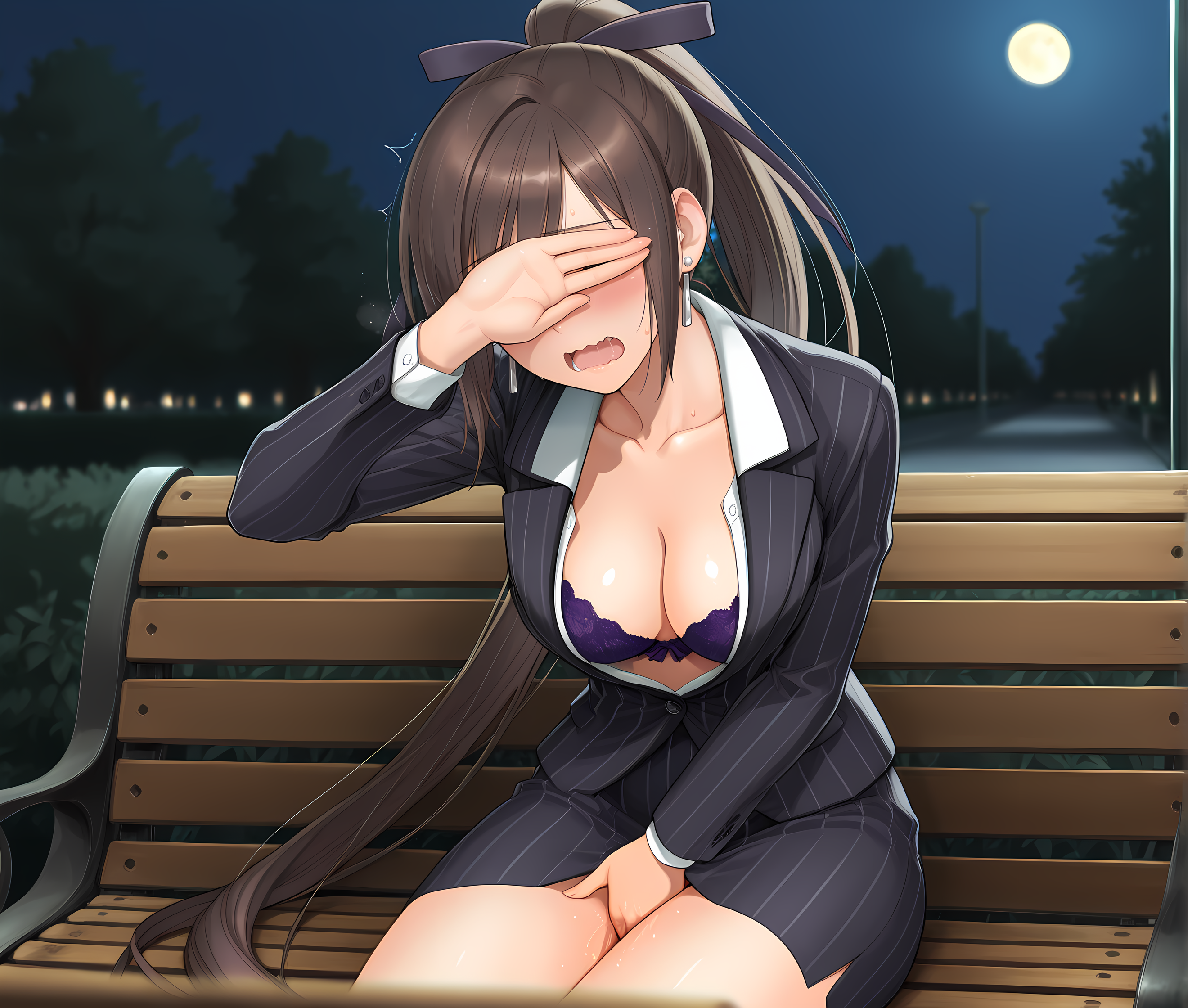 <lora:Maxima:1>,maxima,solo,brown hair,very long hair,breasts,brown eyes,ponytail,hair ribbon,medium breasts,teacher outfit,moaning,female masturbation,outdoors,public indecency,covering eye,wavy mouth,park bench,night,moonlight,collarbone,cleavage,purple bra,pinstripe suit,scenery,blurry background,blurry foreground,, masterpiece,best quality,amazing quality, very aesthetic, absurdres,detailed eyes,ultra-detailed,