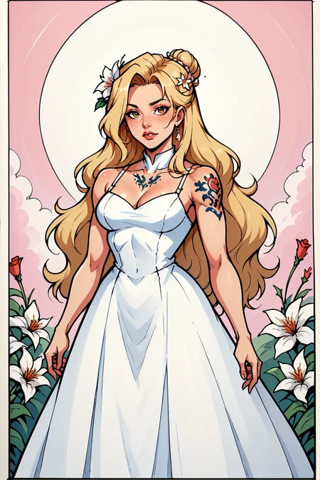 comistylepdxl, 1girl, blonde hair, solo, dress, long hair, flower, white dress, breasts, hair ornament, tattoo, hair flower, hair bun, , PnyCmicXLPOS, ErthIllustPDXL_POS, <lora:ComicsV3PDXL:1>