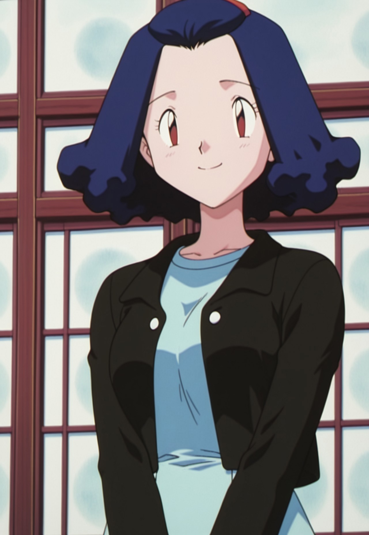 masterpiece, best quality, amazing quality, amazing quality,very aesthetic,absurdres,best quality,newest,masterpiece, breasts, anime screencap, anime artstyle, winking, happy, breasts, anime screencap, anime coloring,safe_pos, safe_pos, score_9, score_8_up, score_7_up,pokemon pokemon priscilla, blue hair, short hair, brown eyes, red eyes, 1990's (style), shirt, dress, black jacket