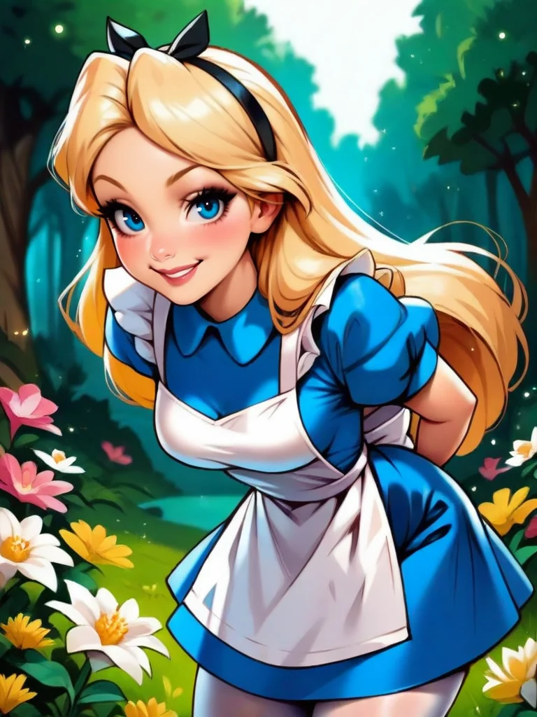 highres, hi res, best quality, masterpiece, intricate details, absurdres, 4k, cartoon,
1girl, own hands together, forest around multiple flowers, magic particles, leaning forward, cute pose, medium breasts, naughty face, smile, looking at viewer, cute, detailed landscape, cowboy shot,
<lora:AliceinWonderlandXLIllustrous_character:1>, AliceWaifu, blonde hair, blue eyes, white apron, blue dress, puffy sleeves, white pantyhose,