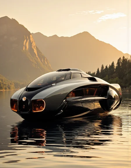 futuristic design. A photo-realistic shoot from the side about a sleek, futuristic motor yacht floating on calm water during sunset. the image also shows a serene lake with trees and mountains in the background. on the middle of the image, a futuristic, black and silver motor yacht is floating on the water, illuminated by the warm, golden light of the setting sun. the motor yacht has a sleek design with a smooth, glossy finish and a large, angular front grille. it has a single, curved nose and a small, circular window on the side, giving it a modern and sleek look. the car is positioned in the center of the frame, with the water rippling around it, creating a sense of calmness and tranquility. the sky is a soft, golden hue, with a few wispy clouds scattered across it, adding to the serene atmosphere of the scene.