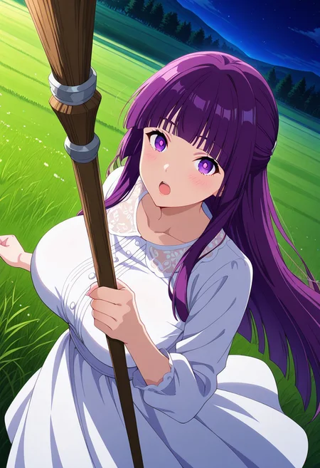 general,highres, ultra-detailed,very aesthetic,best quality ,best hands,best eyes,easynegative,
dynamic anglre, dutch angle, anime cloring,anime screencap,
1girl solo,looking at viewer,night,meadow,holding staff,open mouth,fighting,
Fern, purple eyes, purple hair, huge_breasts, hime_cut,long hair,white dress,