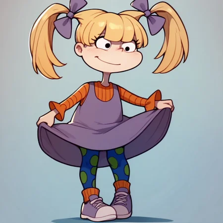score_9, score_8_up, score_7_up BREAK AngelicaP, 1girl, blonde hair, black eyes, pigtails, purple bows, sleeveless purple dress, orange longsleeved shirt, blue green polka dot leggings, orange socks, purple white shoes, cartoon, source_cartoon,