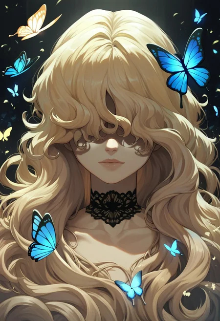 score_9, score_8_up, score_7_up, SLVTK, 1girl, long hair, bug, butterfly, choker, wavy hair, butterfly on face, facing viewer, covered eyes, upper body, dark theme, blonde hair