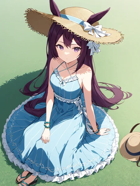 (masterpiece),(highest quality),highres,(an extremely delicate and beautiful),(extremely detailed), solo, Mejiro Dober \(umamusume\) wears official alternate costume, straw hat, ears through headwear, criss-cross halter, sleeveless blue dress, bead bracelet, vertical stripped dress, white bow, frilled dress, sandals. she sits on grass, picnic
<lora:UmaDiffusionXL-768x1024:1>