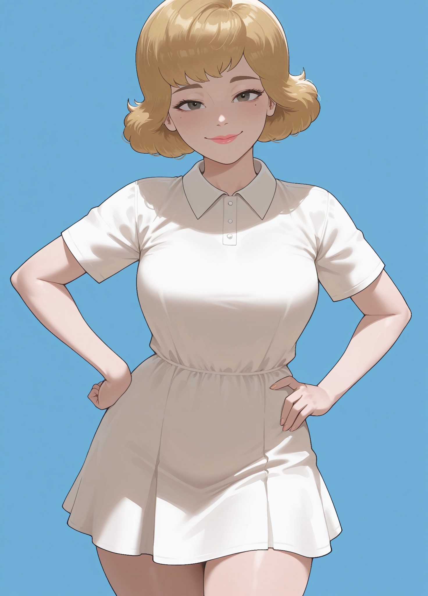 unholy-aesthetic, masterpiece, best quality, amazing quality, absurdres, 

laur3n,

1girl, solo, blonde hair, short hair, pink lips, mole, medium breasts,

white dress, collared dress, black footwear, penny loafers,

smile, standing, hands on the hips, cowboy shot, looking at viewer, standing, simple background, blue background