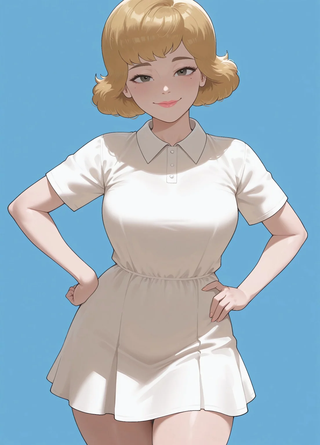 unholy-aesthetic, masterpiece, best quality, amazing quality, absurdres,
laur3n,
1girl, solo, blonde hair, short hair, pink lips, mole, medium breasts,
white dress, collared dress, black footwear, penny loafers,
smile, standing, hands on the hips, cowboy shot, looking at viewer, standing, simple background, blue background