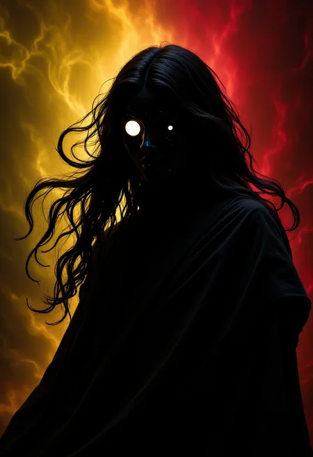 Shrouded Silhouette, White glowing cyclops, one-eyed, M100-style, Closeup Portrait of a woman with No Face and eye-trail, billowing Hair, and billowing Cape, very detailed analog photo, Atmospheric lighting, Red yellow colored