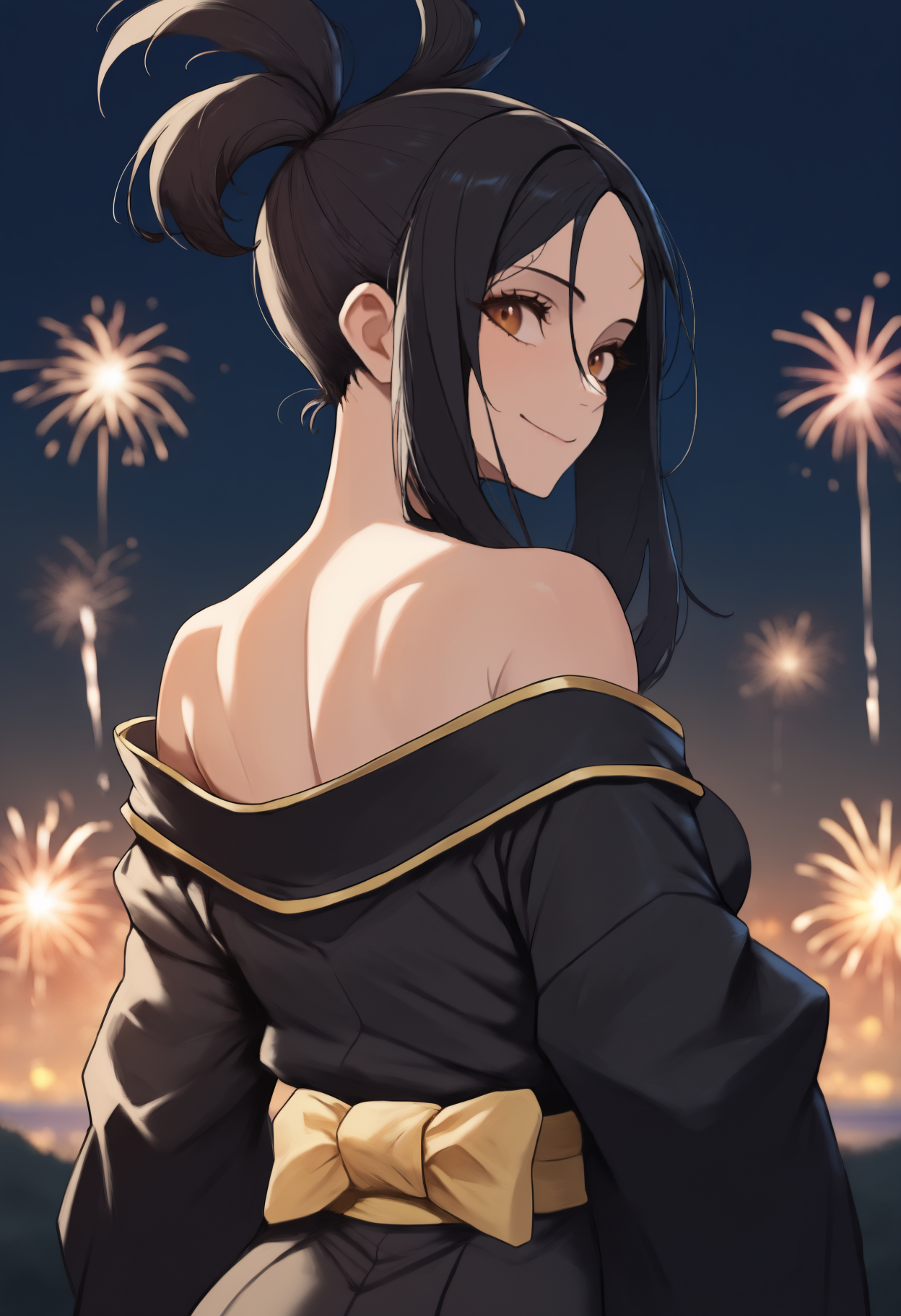 anime, masterpiece, best quality, newest, from behind, solo, 1girl, d3ndra, scar on forehead, cross scar, smile, looking back, long hair, black hair, sidelocks, brown eyes, eyelashes, japanese clothes, gold trim, black kimono, off shoulder, yellow sash, bare shoulders, outdoors, night, fireworks
<segment:yolo-face_yolov8m.pt,0.4,0.5//cid=1>