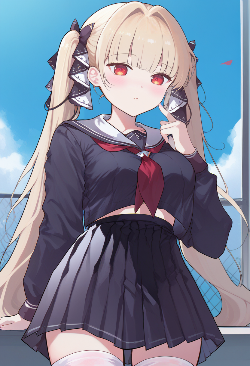 score_9, score_8_up, score_7_up, 1girl, solo, cowboy shot, formidable azur lane, black serafuku, red neck ribbon, black pleated skirt, white thighhighs<lora:0202ase xl 005:1>