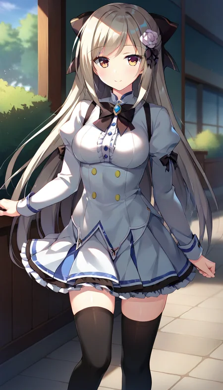 score_9,score_8_up,score_7_up,score_6_up BREAK official art,solo,outdoors,cowboy shot,looking at viewer,facing viewer,smile,blush,Enamori Senri,very long hair,silver hair,hair bow,hair flower,hair ornament,side swept bangs,sidelocks,brown eyes,school uniform,long sleeves,white shirt,puffy sleeves,black bow,black ribbon,medium breasts,white skirt,frilled skirt,zettai ryouiki,black thighhighs,black footwear,mary janes,<lora:Enamori Senri(pa)-Pony:1.2>,