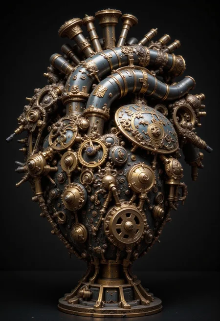 A human heart, crafted entirely from intricate clockwork gears and cogs, beats rhythmically in the center of a darkened chamber. The gears, made of polished brass and shimmering silver, rotate and mesh with precision, their movements creating a mesmerizing dance of light and shadow. Delicate springs and levers, mimicking the valves and arteries of a real heart, pulse with each beat. The chamber is filled with the soft ticking and whirring of the clockwork mechanism, a symphony of mechanical life. This image captures the beauty and complexity of the human heart, reimagined as a marvel of clockwork engineering, a testament to the delicate balance between life and machine.
