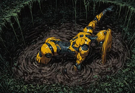 masterpiece, best quality, amazing quality, high resolution, 1girl, solo, robot girl, (yellow body:1.2), muscular, high ponytail, sci-fi landscape, deadly swamp landscape, DRKWB, submerged with only head and one arm visible, stuck in swamp, from above, mud, struggling, side view, panicked