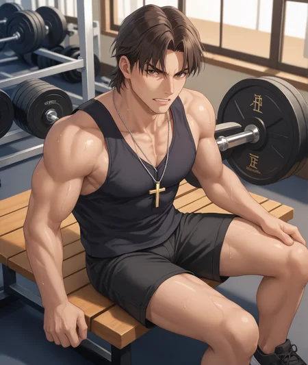 score_9, score_8_up, score_7_up, score_6_up, source_anime, indoors, gym, blurry,
BREAK 1boy, solo, kotominekirei, cross necklace, male focus, kotomine kirei, cross, necklace, priest, jewelry, looking at viewer, brown eyes, short hair, parted bangs, cheekbones, black shorts, tank top, sweat, shiny skin, weightlifting, sneakers, frown, teeth, clenched teeth, angry, sitting, bench, from above,
<lora:kireikotomine:0.7>