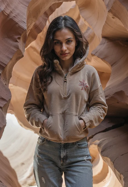 [ng_deepnegative_v1_75t:0.95] (smiling, cheerful, colorful:1.3) Girls-Next-Door_Michelle (Photograph of Rana Sumaiyah Halabi in Antelope Canyon, USA, A slot canyon with sculpted walls and shafts of light creating mesmerizing patterns., ringlets haircut:1.4) (fully clothed in fleece pullover:1.5)
(cosmos:1.7)
<lora:skin_slider_v10:0.7><lora:epiCRealismHelper:1.5>
PA7_Human-Likeness  kkw-ph1 Style-DA jp-Alina-3100
<lora:IGInfluencerV1:0.4> <lora:HD Horizon v1_0:0.6> <lora:SDXLrender_v2.0:0.6> <lora:Background Detail Enhanced_Si_v3.0:0.8> <lora:add_detail:-0.5> OverallDetail <lora:detailSliderALT:0.5> <lora:Mild detail adjusterV10:0.4> <lora:J_origami:0.45> J_origami <lora:PA7_Photo:0.2> PA7_Photo  <lora:epi_noiseoffset2:0.05><lora:retroMoto:0.2> retroMoto