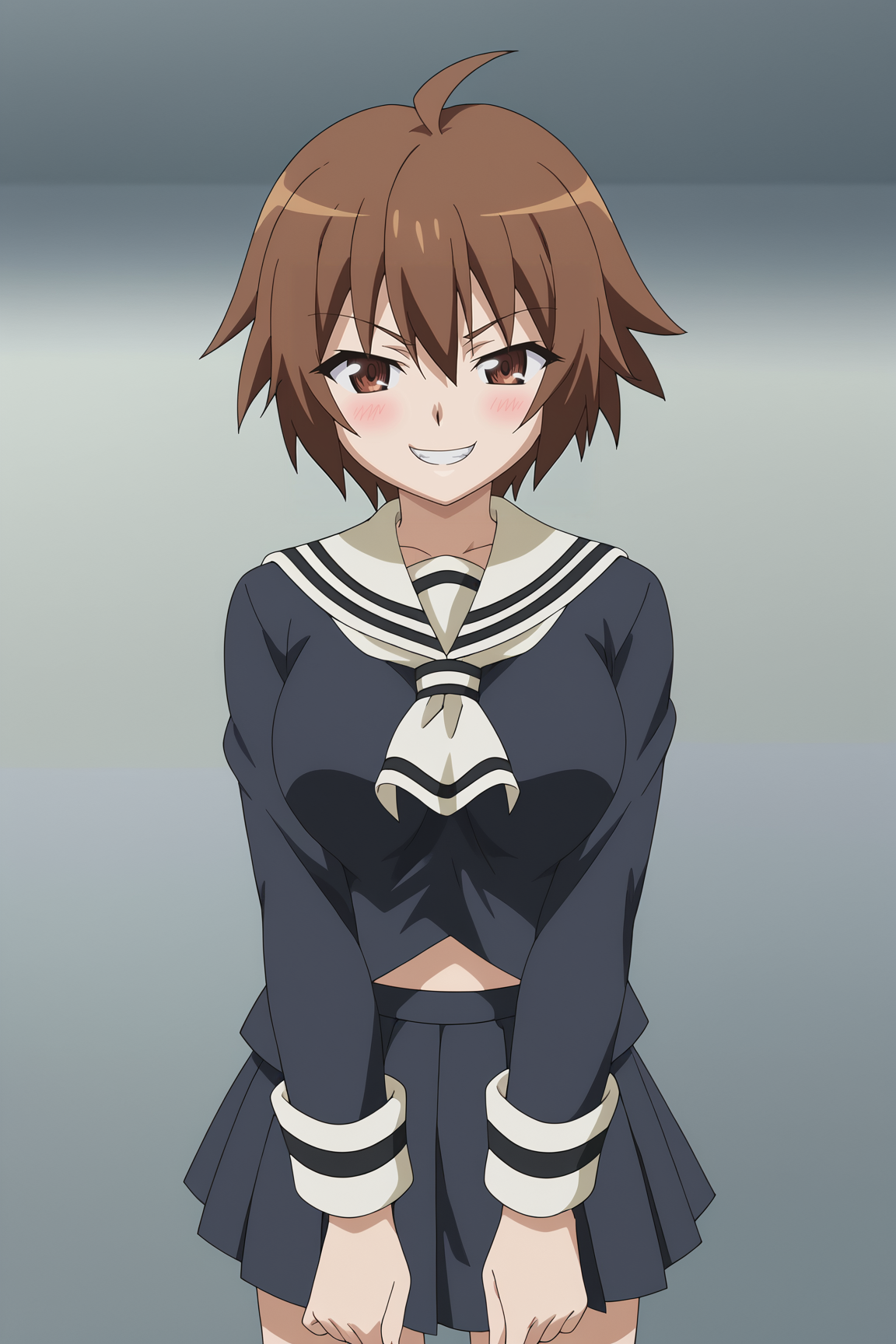 score_9, score_8_up, score_7_up, source anime, prefect lighting, very aesthetic, BREAK, anime coloring, anime screencap,
<lora:swing_out_sisters_v1-pony6:1>, 1girl, chinatsu \(swing out sisters\), brown eyes, brown hair, ahoge, medium breasts, 
BREAK, looking at viewer, blush, grin, 
BREAK,  school uniform, miniskirt,