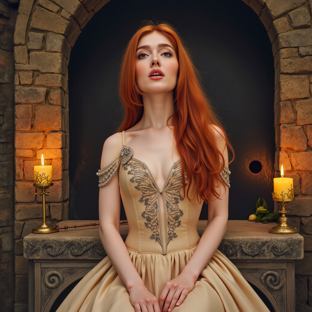 hyperrealistic art watercolor painting expressionist Inside an ancient castle, bathed in the glow of flickering candlelight, the redheaded goddess sitting on the cold stone altar, she's wearing a full victorian dress. Her fiery locks spill over the sacred ground as she gazes upward, looking at the viewer,  her lips parted in an expression of pure, sinful ecstasy. Itâs an image of contrastâholiness and eroticism intertwined, a vision of defiance in a place of restraint  <lora:jialissa64:0.9> jialis . raw, emotional, dynamic, distortion for emotional effect, vibrant, use of unusual colors, detailed . vibrant, beautiful, painterly, detailed, textural, artistic . extremely high-resolution details, photographic, realism pushed to extreme, fine texture, incredibly lifelike