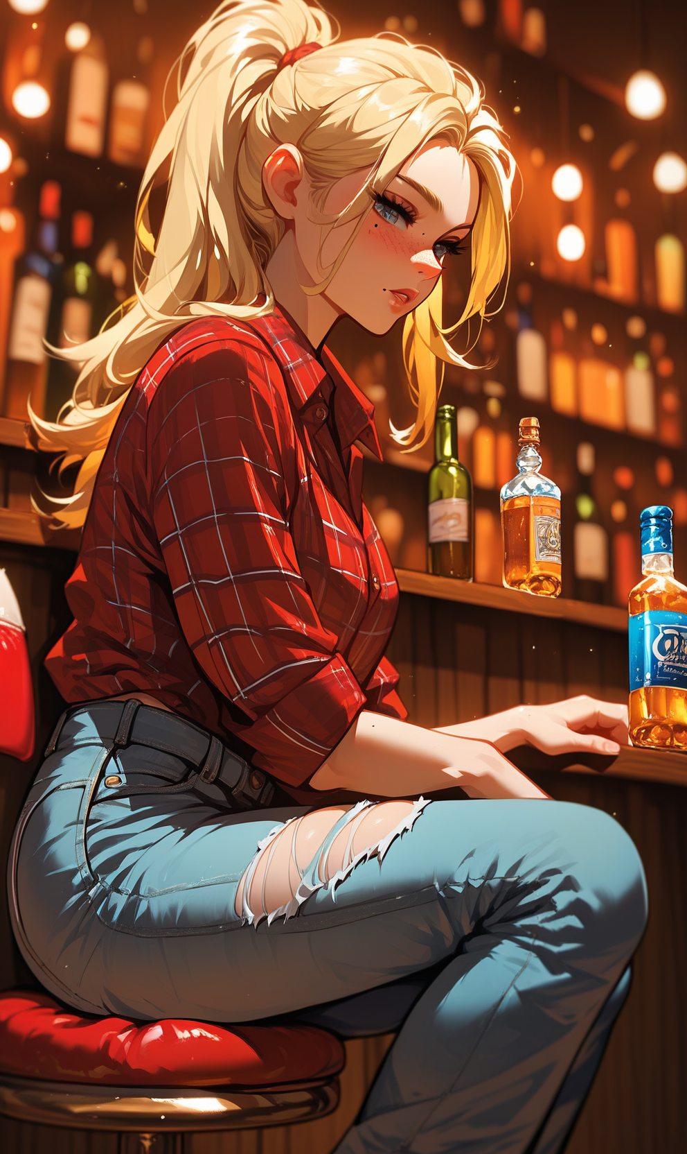 safe_pos, score_9, score_8_up, score_7_up, score_6_up, score_5_up, score_4_up, 
BREAK
girl in knotted shirt, 1girl, solo, denim, shirt, torn pants, jeans, pants, blonde hair, freckles, plaid shirt, mole, torn clothes, mole under eye, ponytail, torn jeans, long hair, bottle, bar background, blurry background, dust, American, sitting on stool chair, cowgirl, beautiful, attractive woman, dynamic angle, 