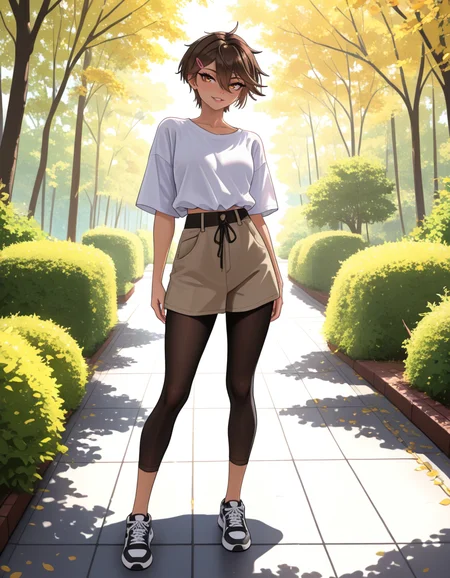 masterpiece, best quality, very aesthetic, absurdres,
outdoors, casual, 
full body, standing, posing, 
 seductive smile, parted lips, long eyelashes,
<lora:Sasha_v01_NAIXL:1>
S4sh4,1girl,solo,tomboy,short hair,brown hair,hairclip,hair between eyes,brown hair,bangs,