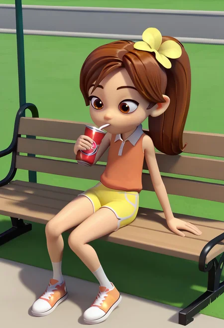 score_9, score_8_up, score_7_up BREAK SunnySpell, 1girl, brown hair, ponytail, brown eyes, yellow flower scrunchie, sleeveless white-collared orange shirt, yellow shorts with white accents, white socks, orange sneakers with white accents, cgi, source_cgi, girl, girl focus, sitting on bench, park outdoors, park background, drinking grape soda,
