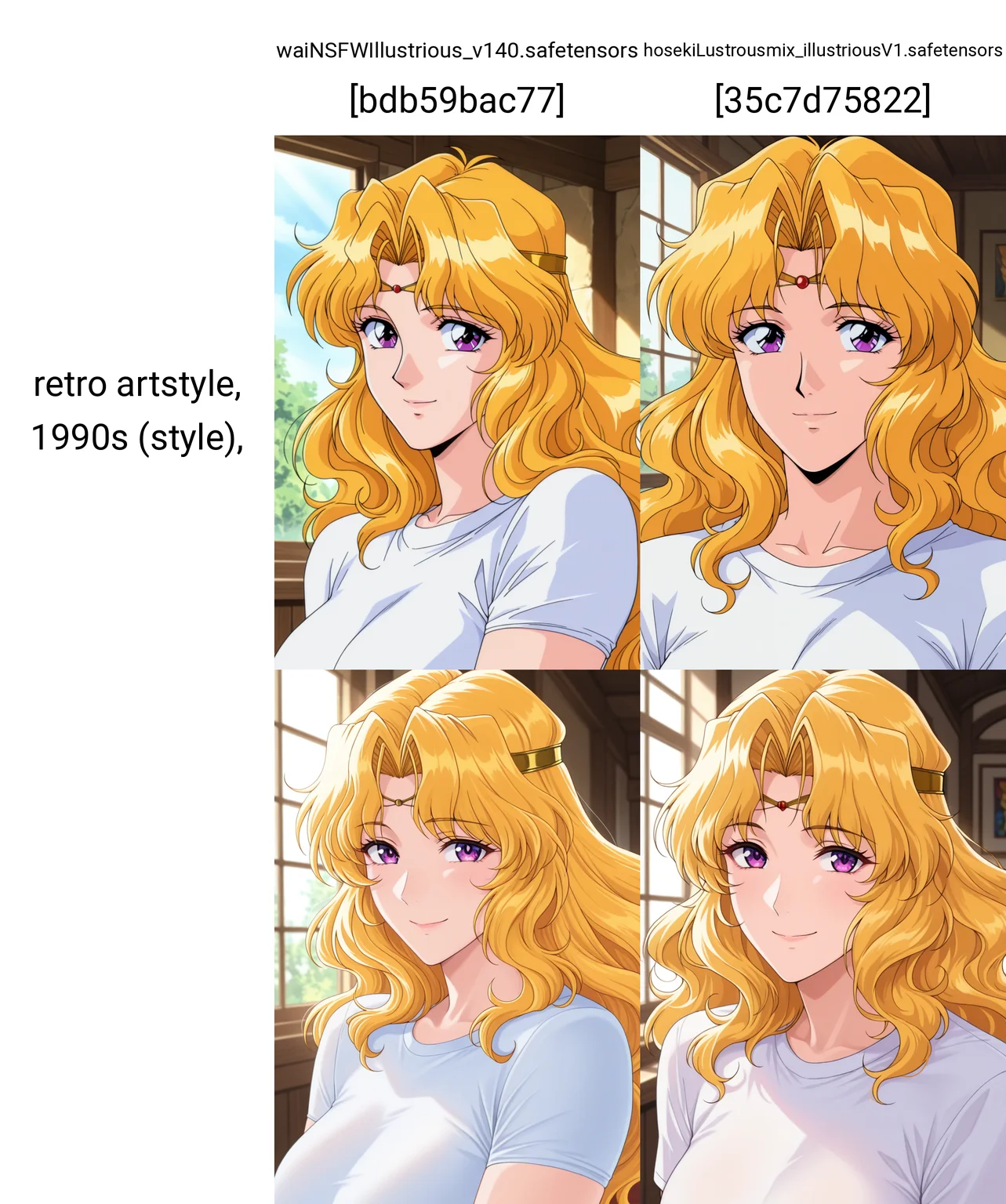 masterpiece, best quality, amazing quality, absurdres, 1girl, solo, (portrait:1.2), retro artstyle, 1990s (style), melissaww, mature female, purple eyes, blonde hair, long hair, wavy hair, parted bangs, circlet, medium breasts, 
t-shirt, looking at viewer, smile, indoors, day, skindentation, detailed clothing folds, depth of field, sharp, high contrast, dynamic light <lora:Melissa_Mahou_Senshi_Louie_ill_v12:0.9>