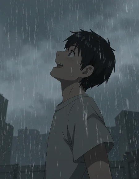 Joy Amidst the downpour, digital animation, anime style, young male character, heavy rain, side profile, open mouth, upward gaze, smiling, dark hair, casual clothing, raindrops, cloudy skies, sense of wonder, refreshment, atmospheric mood, cool tones, overcast lighting, natural element, emotional expression, character close-up