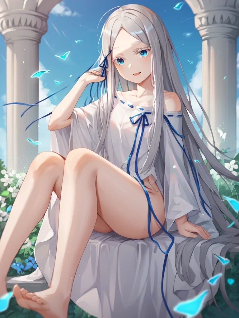 score_9,score_8_up,score_7_up,<lora:pandora_(re_zero):0.8>,hair_ribbon, looking_at_viewer, wariza, ribbon_trim, feet_out_of_frame, open_mouth, pandora_\(re:zero\), white_dress, blue_ribbon, 1girl, solo, :d, bare_shoulders, colored_eyelashes, collarbone, commentary