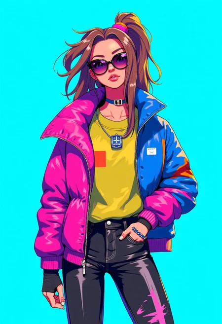 Inkpunk Anime, realistic, full body portrait, wearing street fashion, colorful, blue background