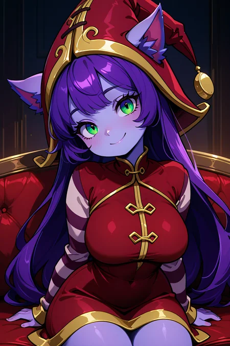 masterpiece, best quality, 1girl, solo, 21 year old model, eyelashes, (beautiful eyes), ,,, <lora:LuluLeagueoflegendsIXL:1.0>, zzLulu, long hair, bangs, animal ears, green eyes, purple hair, colored skin, purple skin, long sleeves, hat, dress, red dress, red headwear, ears through headwear, striped sleeves, yordle,BREAK,,, smile, curvy, head tilt, sitting on couch, looking at viewer, cowboy shot, <lora:GoldenCATLoraIXL:0.6>, <lora:princess_xl_v2:0.3>,