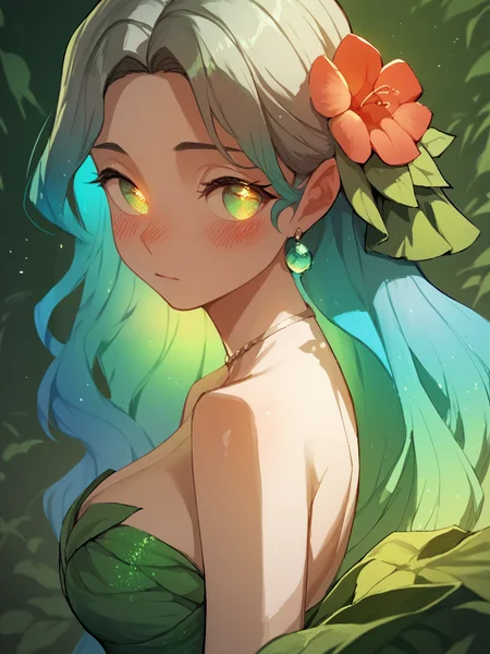 score_9, score_8_up, score_7_up, score_6_up, score_5_up, <lora:lhata4564XLP:1> lhata4564, 1girl, <lora:GLOW_EYES-XLP:0.8> glow_eyes, blush, gown, curvy, long hair, gradient hair, flower, leaf